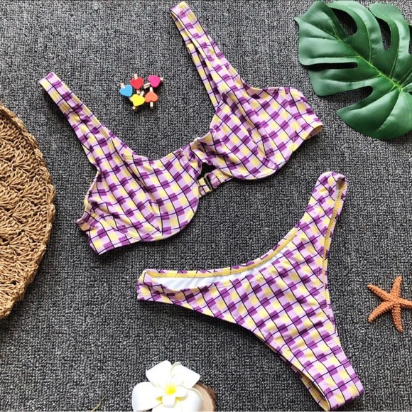 1627 Lydia purple checked cheeky swimsuits - Picture 4 of 6
